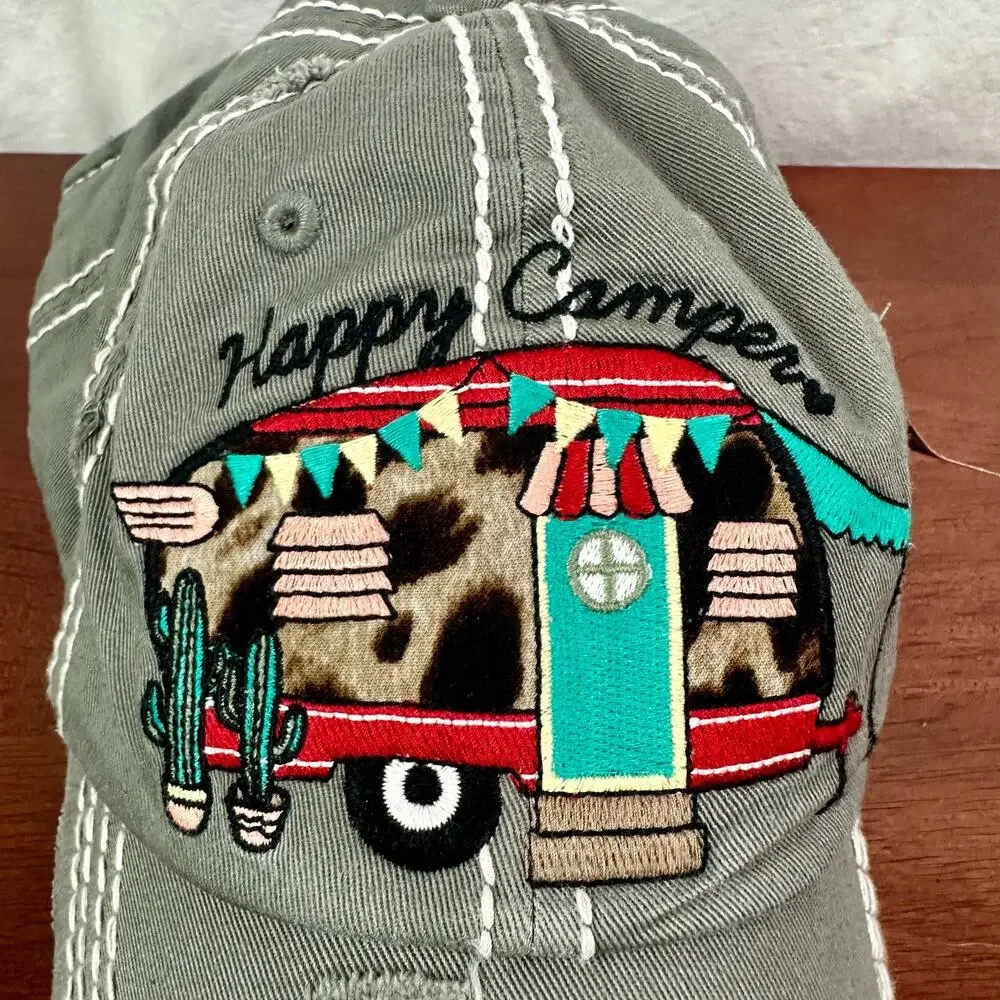 Kbethos Vintage NWT 100% Cotton Gray Happy Camper Cheetah Print Embroidered Cap
